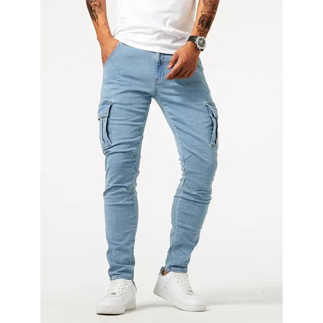 Street Elastic Jeans Men Denim Cargo Pants Wash Solid Color Multi Pockets Casual Mid Waist Trousers Slim Fit Daily Wear Joggers