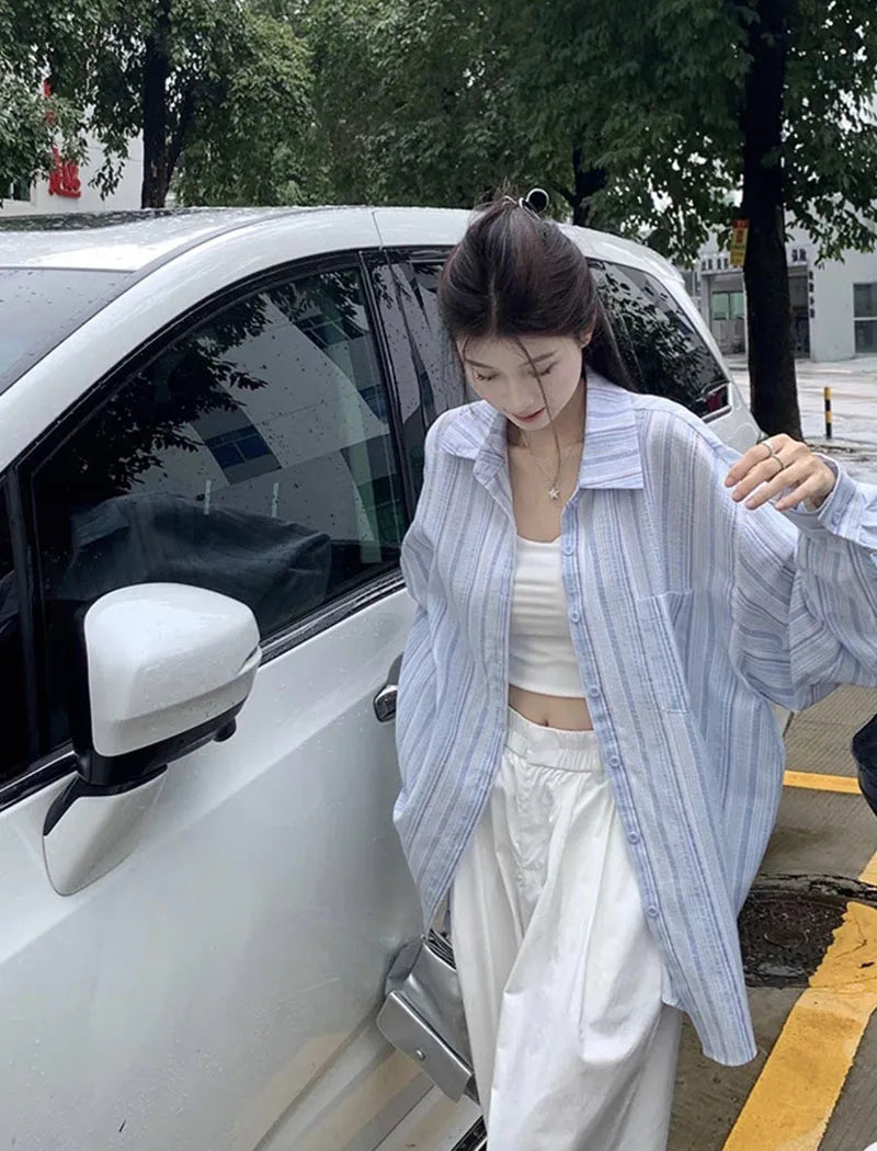 Pink Striped Shirt Women Korean Style Loose Long Sleeved Button Up Blouse Ladies Autumn New Wild Streetwear Casual Shirts 2025