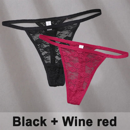 2PCS Sexy Lace Cotton Panties for Women G-String Underwear Perspective Thongs Solid Color Underpants Female Intimates Lingerie.