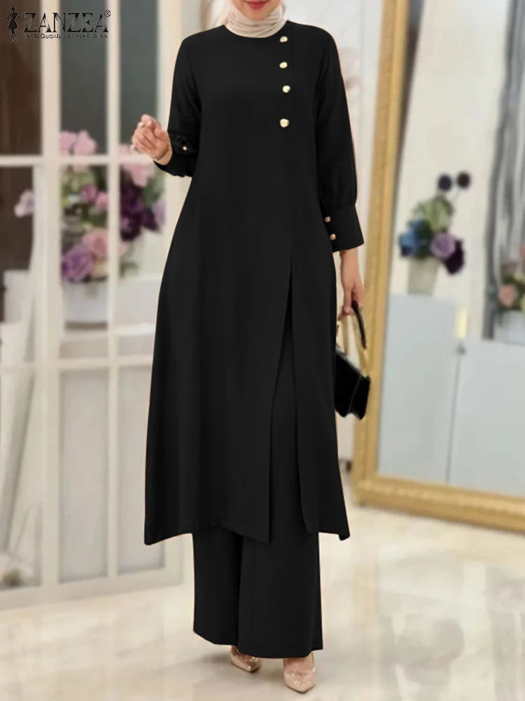 ZANZEA Muslim Abaya Suit Elegant Women Matching Sets Fashion Long Shirt Tops & Wide Leg Pants Ramadan Outfits Urban Tracksuits
