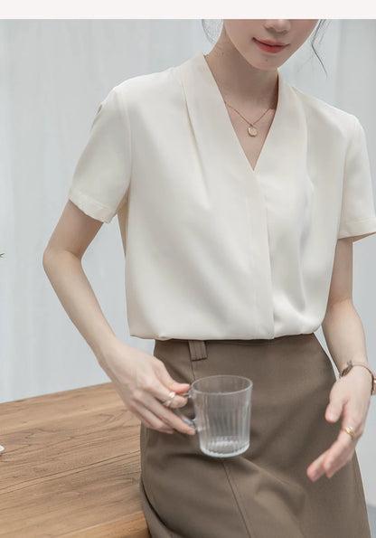 2025 Fashion Summer Short Sleeve V-Neck Women Blouse White Blouse Shirt Women Tops Blouses Shirts Blusas Para Mujer Camisas XL86