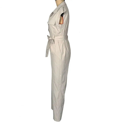Elegant Women Jumpsuit Lapel Sleeveless Belt Design Romper with Pockets Solid Color Wide Leg Pants Versatile Jumpsuit.