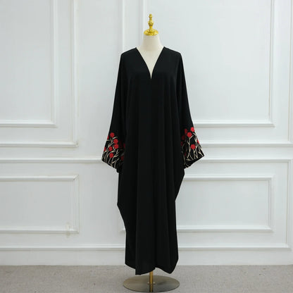 Islamic Clothes Black Flower Embroidery Abayas for Women Dubai Cardigan Muslim Saudi Open Abaya Kimono Luxury Hijab Dress Kaftan