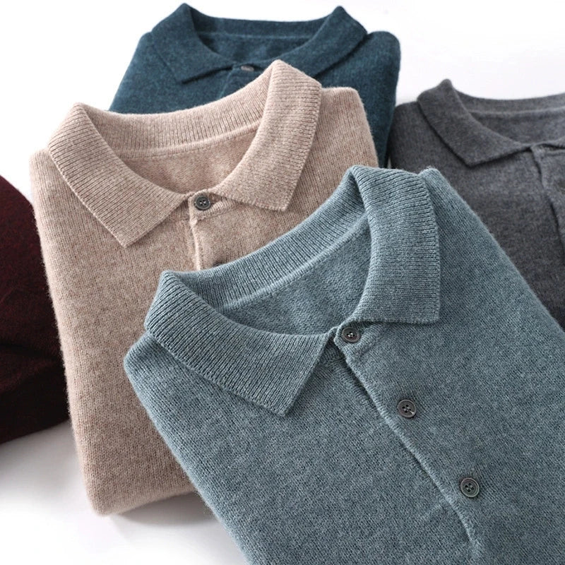 Men's Fashion Cashmere Sweater 100% Merino Wool Pullover Casual Loose POLO Knitted Bottom Shirt Jacket for Autumn Winter.
