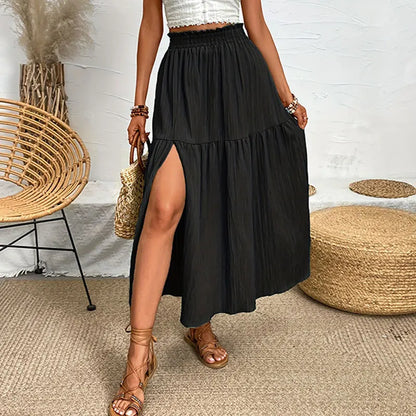 Fairyshely Casual Green Split Long Skirt Women 2025 Summer Ruffle High Waist Midi Skirt Lady Elegant Solid A line Pleated Skirt
