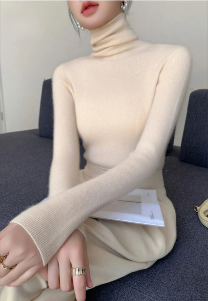 2025 herbst Winter Rollkragen Warme Jumper Lässig Feste Dünne Strickjacke Frauen Langarm Gestrickte Pullover Einfache Basis Schicht Top