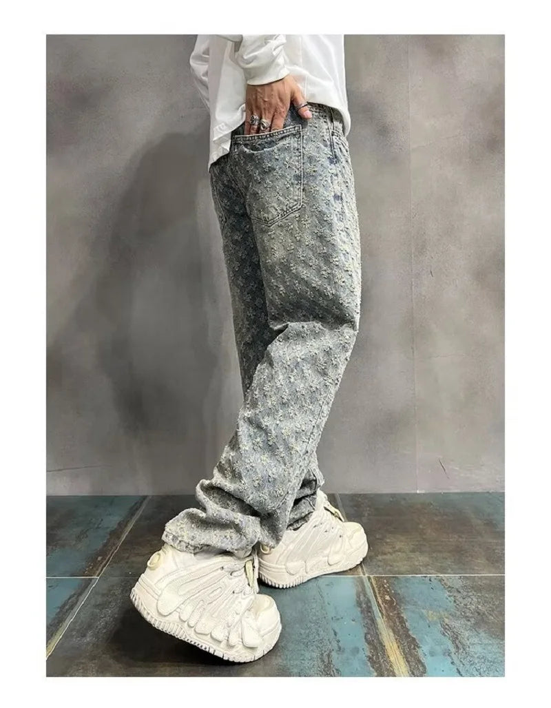 Jacquard All Over High Street Jeans Mens 2024 New Straight Lift Pattern Loose Wide Leg Jeans Casual Boyfriend Jeans Pants Tide.