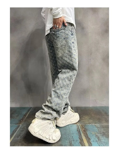 Jacquard All Over High Street Jeans Mens 2024 New Straight Lift Pattern Loose Wide Leg Jeans Casual Boyfriend Jeans Pants Tide.