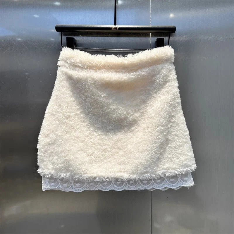 Chic Sweet Mini Skirt Women Winter Lace Patchwork High Waist A Line Plush Skirts Female Fashion Casual Preppy All Match Skirt.