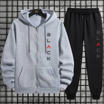 2025 Hot Sale Men 2 Piece Set Zipper Hoodie Streetwear Tracksuit Urban Fashion Outfit Black Letter Print Sweatshirt Sweatpants.