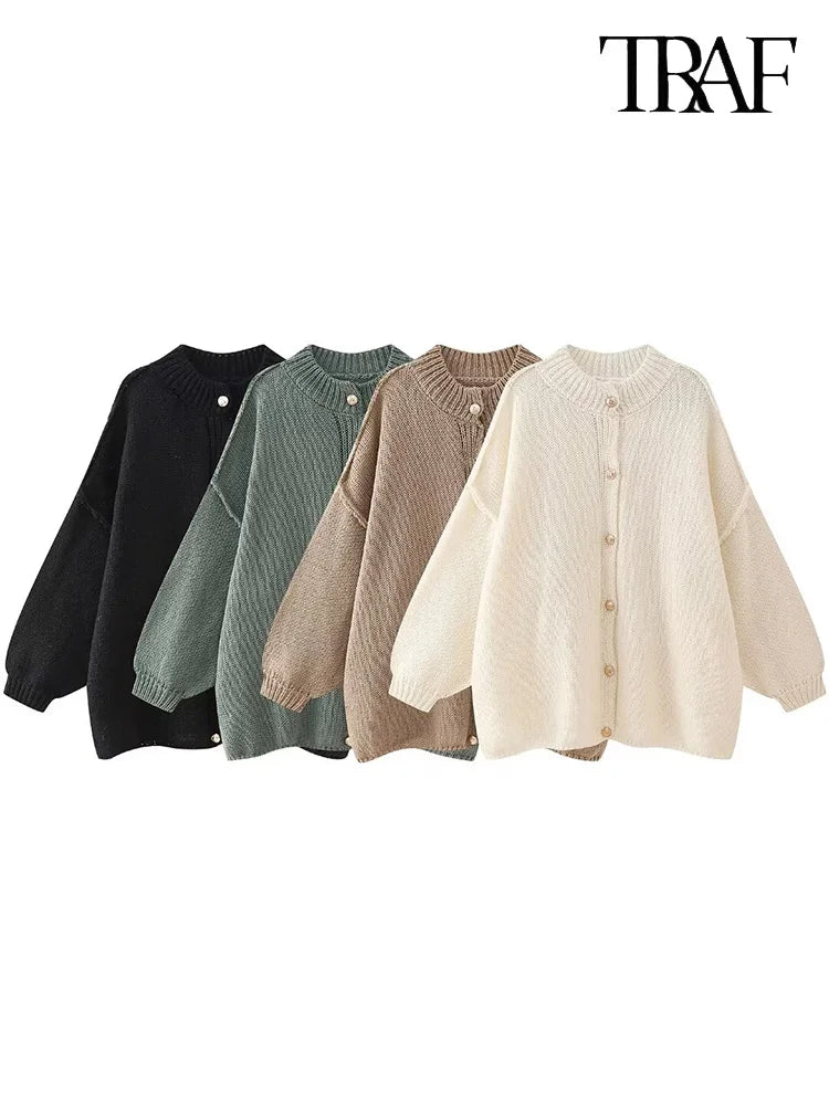 TRAF Women's Bat Sleeve Cardigan Sweater Temperament Lapel Metal Button Decoration Fashion Jacket Casual Commuter Women's Tops.