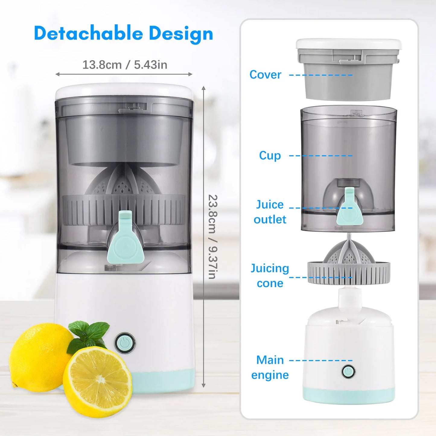 Electric Orange Juice Squeezer Hands Free Portable Citrus Juicer for Orange Lemon Apple USB Powered Detachable &Washable.