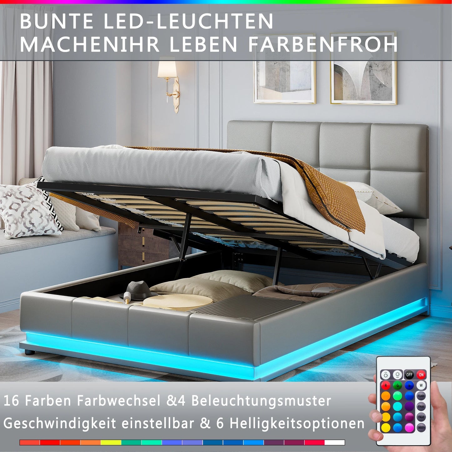 Anajqaqia Polsterbettgestell mit LED-Beleuchtung, 140 x 200 cm, mit hydraulischem Stauraum, Grau