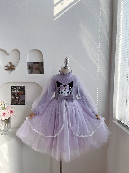 Anime Kuromi Lolita Kleid und Umhang Set Strickpullover Spleißen Mesh Prinzessin Kleid Partykleid Herbst Winter Urlaub Geschenk