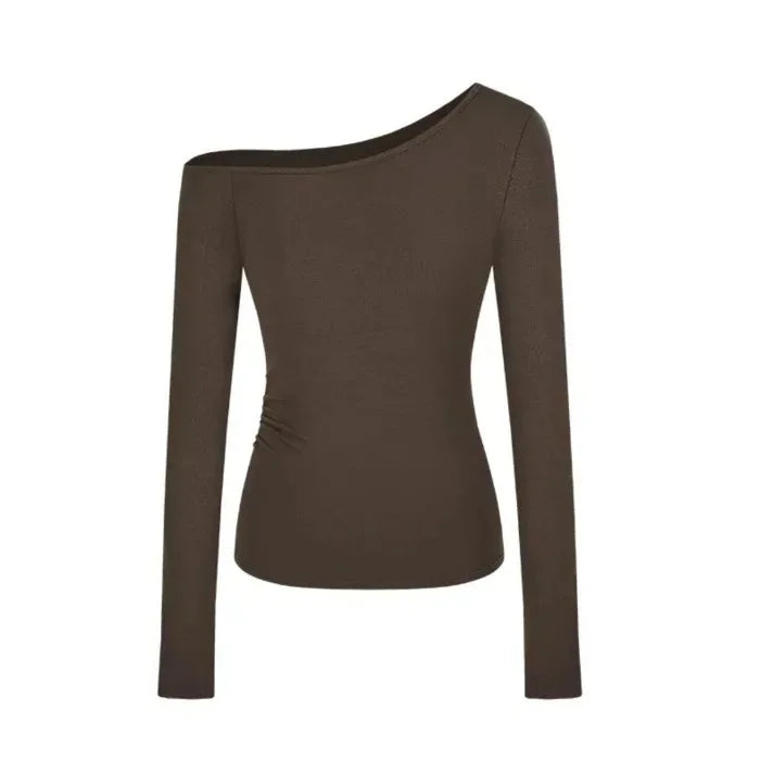 Spicy Girl Diagonal Shoulder Long Sleeve Women's T-shirt Base Layer Shirt Waist Inward Design Polo Collar Top.