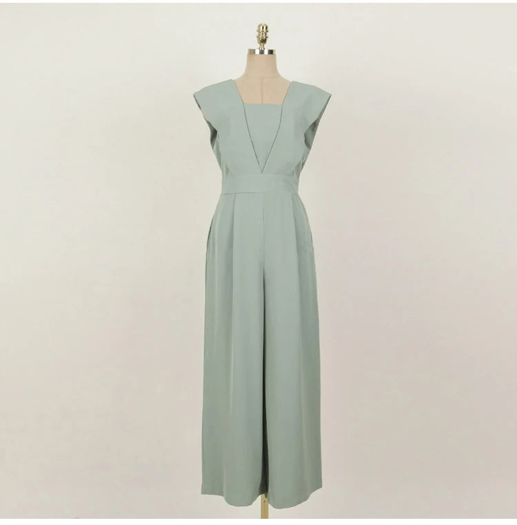 H Han Queen Summer Elegant Business Jumpsuits Women Simple Wide Leg Long Playsuits Korean Sleeveless Casual Rompers Office Lady