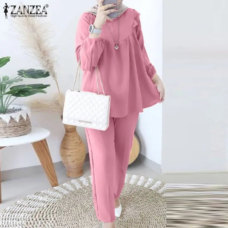 ZANZEA Women Elastic Waist Trouser 2pcs Tracksuit Muslim Fashion Long Sleeve Ruffles Tops Turkey Pant Sets Elegant Matching Sets.