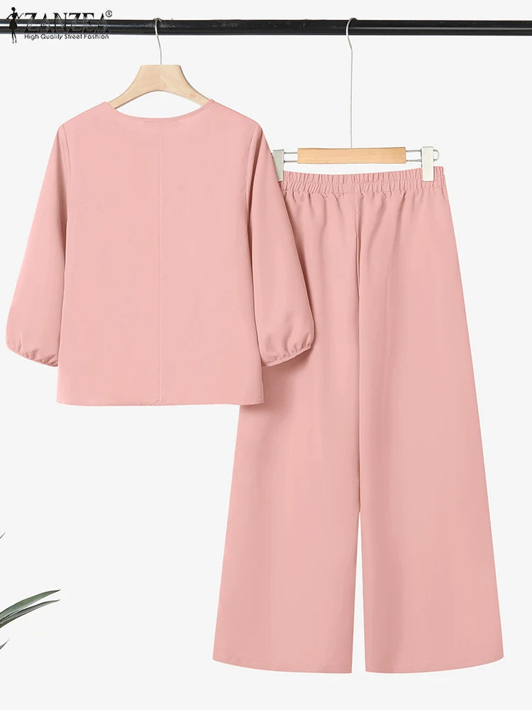 ZANZEA Autumn 2 Piece Sets Women Pant Sets Casual V Neck Long Sleeve Tops Pant Suit Elegant Solid Work Tracksuit Oversize 2025.