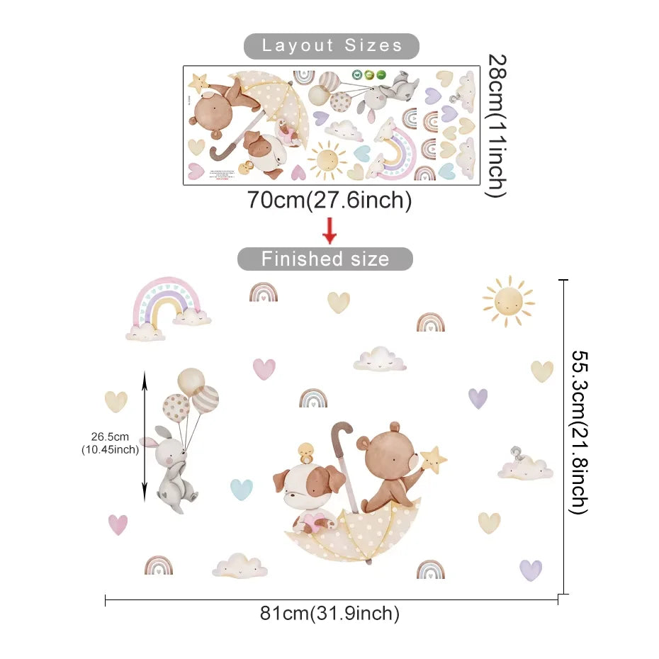 Cartoon Hot Air Balloon Animals Bear Rabbits Wall Stickers for Child Room Boy Room Decoration Nursery Baby Room Decoration Decal