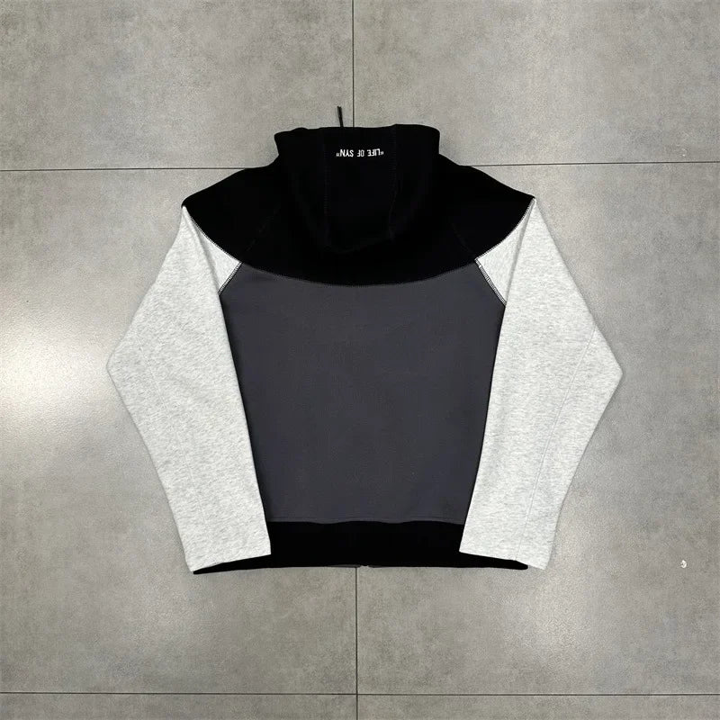 Casual Embroidered Fleece Lined Open Cardigan Hooded Zipper Pants Set for Men And Women Color Block Design by Syna.