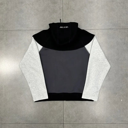 Casual Embroidered Fleece Lined Open Cardigan Hooded Zipper Pants Set for Men And Women Color Block Design by Syna.