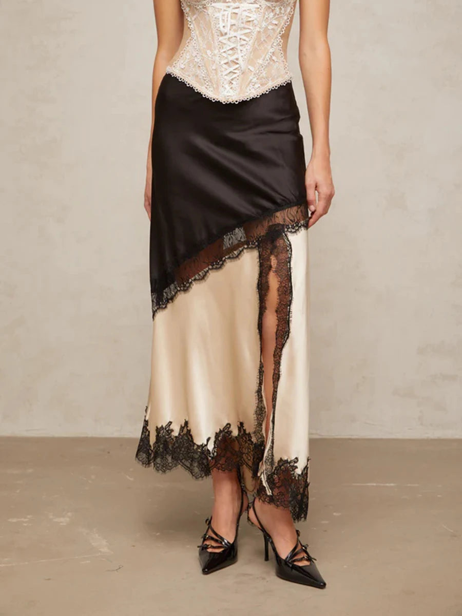 TWOTWINSTYLE Colorblock Slimming Fashion Midi Skirts for Women Patchwork Lace Temperament Skirt Female Elegant Clothing Style.