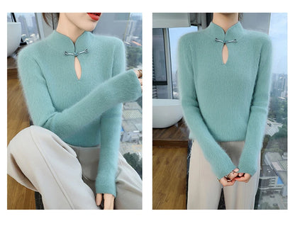 2024 autumn winter new 100% mink cashmere sweater women's pullover slim-fit long sleeve solid color stand collar bottom knitwear.