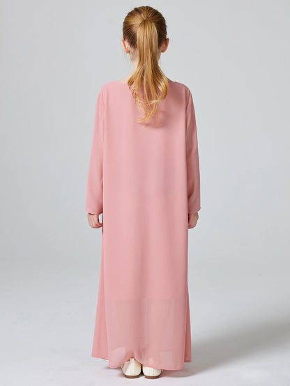 Ramadan Muslim Girls Long Sleeve Chiffon Kids Abaya 2PCS Dress Kebaya Casual Dresses For Party Ramadan Gift (Without Hijab).