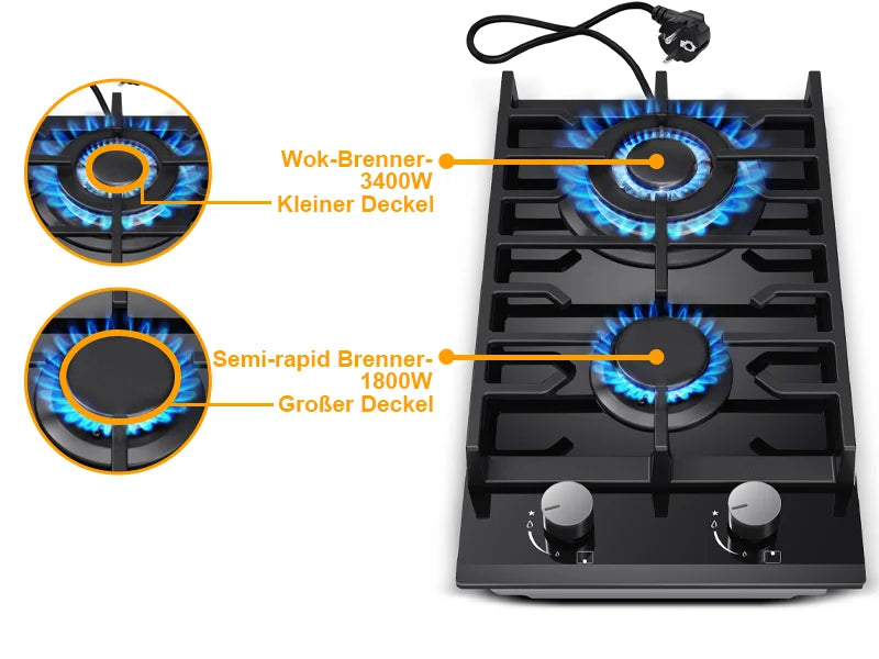 EU Certified 2 Burner Gas Hob 30cm Tempered Glass | Built-in w/Cast Iron Rack Dual Fuel (NG/LPG) 5200W Flame Failure Black.