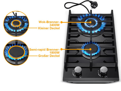 EU Certified 2 Burner Gas Hob 30cm Tempered Glass | Built-in w/Cast Iron Rack Dual Fuel (NG/LPG) 5200W Flame Failure Black.