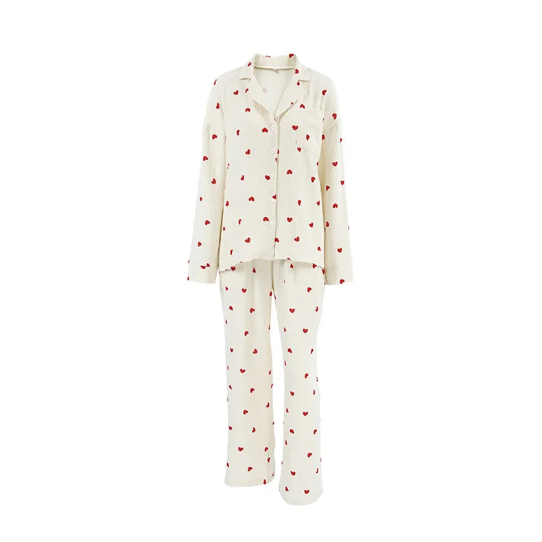 Sommer Neue Liebe Herz Druck Pyjama 100% Baumwolle Langarm Set 2Pcs Outfit Revers Nachtwäsche Taste Unten frauen pyjamas Nachtwäsche.