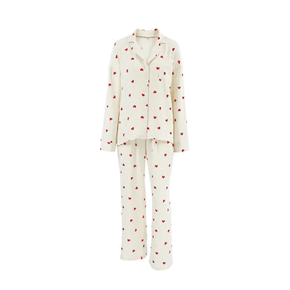 Sommer Neue Liebe Herz Druck Pyjama 100% Baumwolle Langarm Set 2Pcs Outfit Revers Nachtwäsche Taste Unten frauen pyjamas Nachtwäsche.