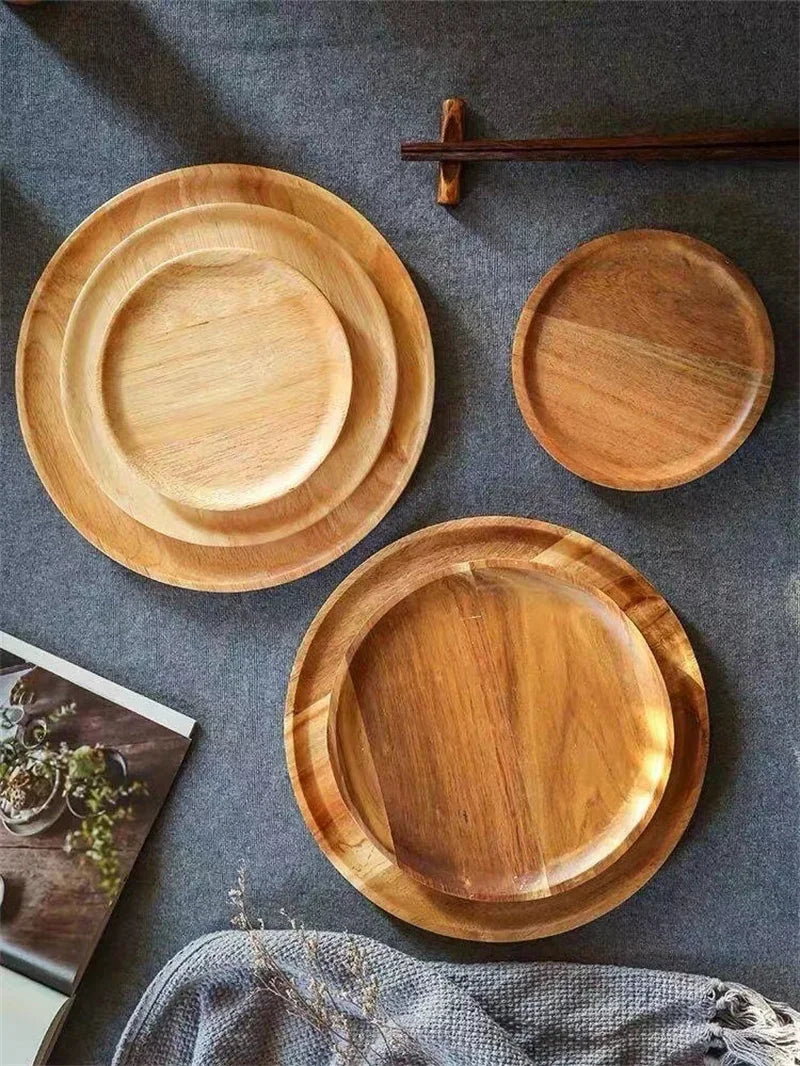15/20/25cm Wooden Round Serving Platter Tray Retro Wood Pizza Salad Plate Fruit Dessert Tray Bread Cake Container Snacks Dish.