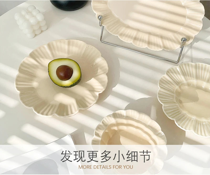 Ahunderjiaz-French Beige Ceramic Tableware Set, Underglaze Dessert Tray, Rice Bowl, Fish Plate, Kitchen Tableware Set, Cream Sty.