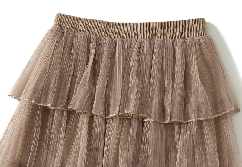 Beiyingni Woman Mesh Long Midi Cake Skirt Solid Color Elegant French Tiered Fairy Tulle Skirts Khaki Casual High Waist Faldas