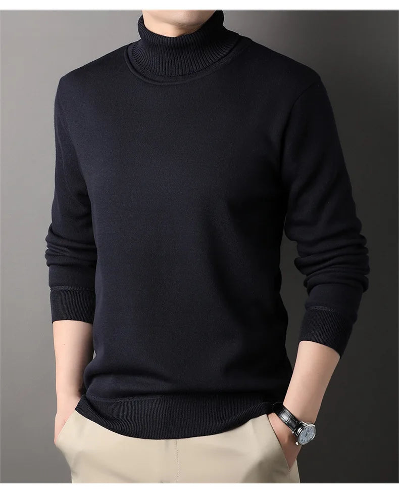 Men's Autumn Winter New Turtleneck Sweater Warm Cozy Solid Color Casual Bottom Knitted Pullovers Male Fashion Knitwear
