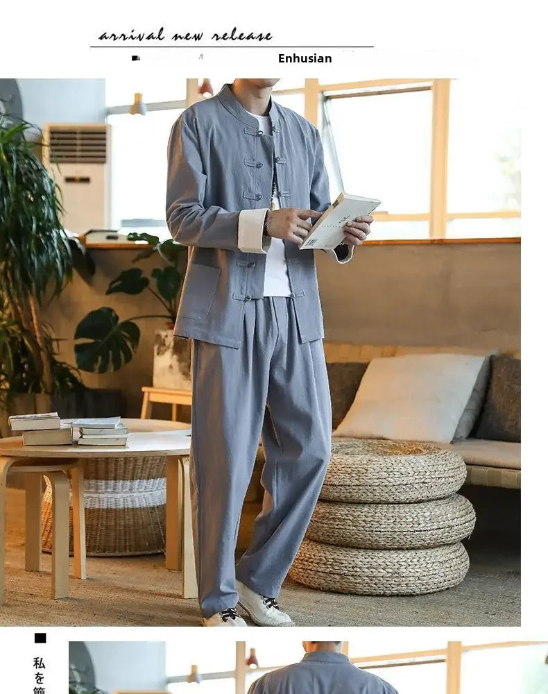 Traditional Chinese Men's Tang Suit Cotton Linen Ancient Costume Tea Servant Zen Meditation Clothing Middle Mountain Hanfu.