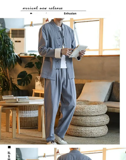 Traditional Chinese Men's Tang Suit Cotton Linen Ancient Costume Tea Servant Zen Meditation Clothing Middle Mountain Hanfu.