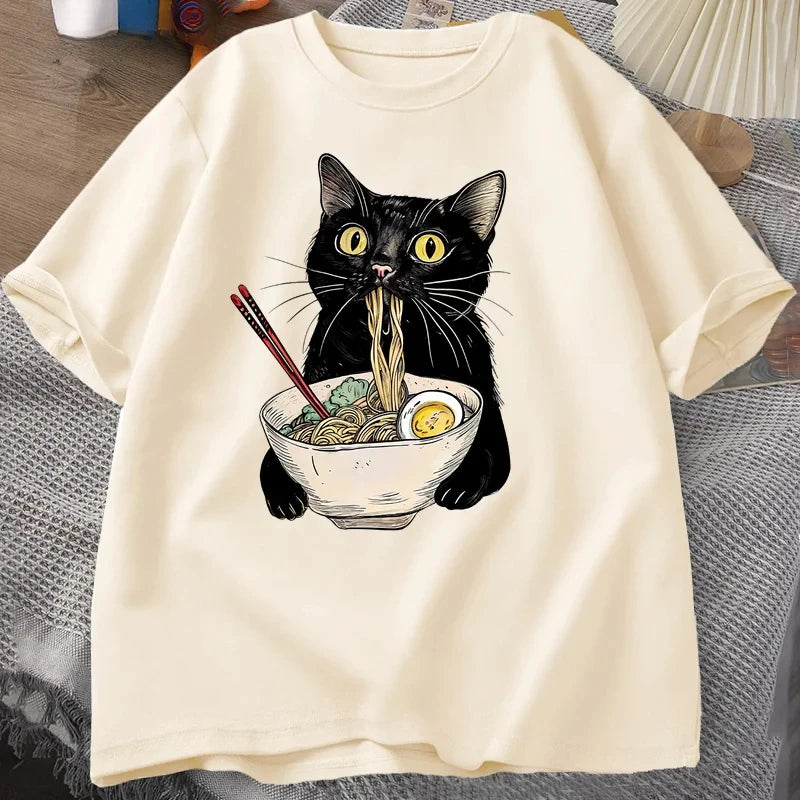 Nudel Ramen Katze T-Shirt Foodie Liebhaber T-Shirts Schwarze Katze Nudel T-Shirts Retro Casual Kurzarm T-Shirt für Männer Frauen Kleidung