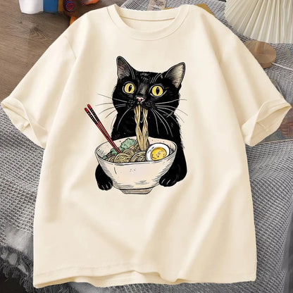 Nudel Ramen Katze T-Shirt Foodie Liebhaber T-Shirts Schwarze Katze Nudel T-Shirts Retro Casual Kurzarm T-Shirt für Männer Frauen Kleidung