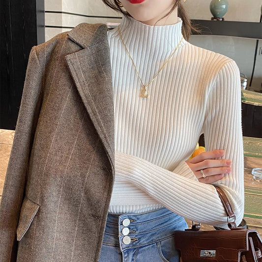 Herbst Und Winter Vielseitig Kleine Hohe Kragen Grundlegende Basis Engen Pullover Koreanische Mode Casual Langarm Top Für Frauen