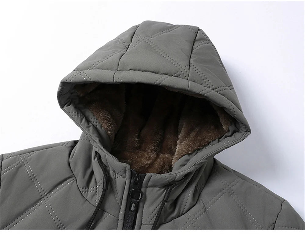 Winter Windproof Thermal Diamond-Pattern Fleece-Lined Thickened Cotton Coat Business Casual Hooded Jacket Fashionable Menswear