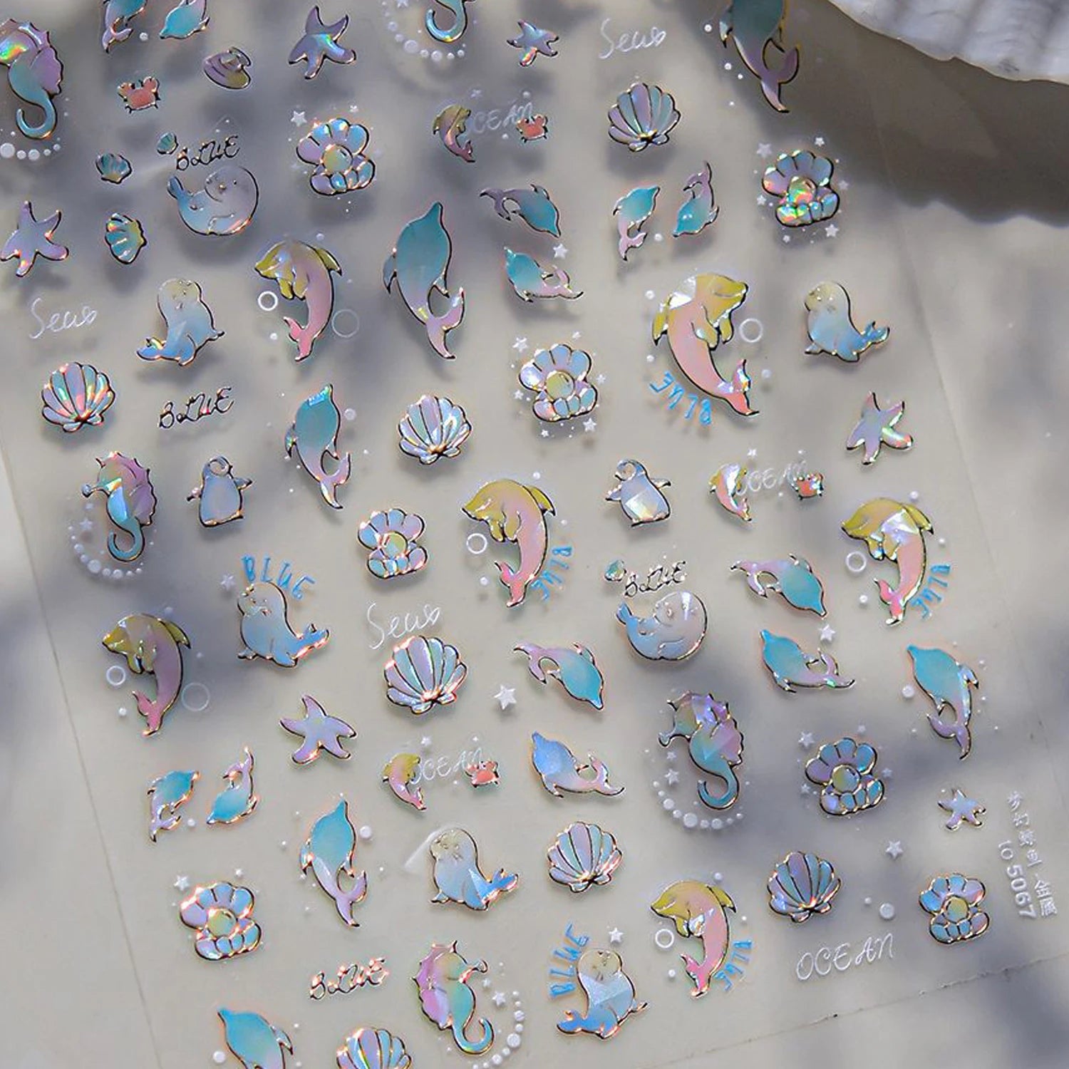 Ocean Theme 5D Nail Sticker Summer Beach Seashells Starfish Conch Scallop Shell Coral Self Adhesive Decoration Manicure Decal.