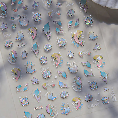 Ocean Theme 5D Nail Sticker Summer Beach Seashells Starfish Conch Scallop Shell Coral Self Adhesive Decoration Manicure Decal.