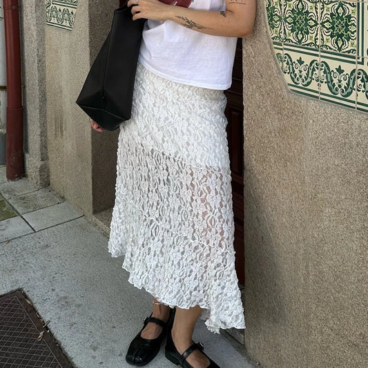 Maemukilabe Vintage Lace Midi Skirt Floral Sheer See-Through Irregular Hem A-line Skirt Fairy Streetwear Chic Women Long Skirt.