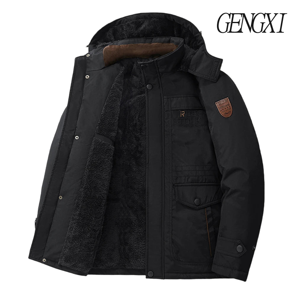 New Autumn/Winter Men's Fleece-Lined Thickened Cotton Coat Casual Vintage Workwear Jacket with Detachable Hood Multiple Pockets.