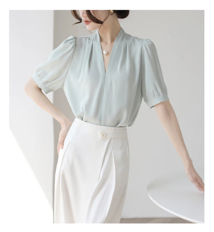 2025 Fashion Summer Short Sleeve V-Neck Women Blouse White Blouse Shirt Women Tops Blouses Shirts Blusas De Mujer Camisas P856