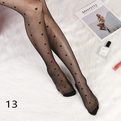 Sexy Women love Dot Embroidery Silk Stocking Thin Vintage Faux Tattoo Thigh Sheer Pantyhose Female Elastic Hosiery girls Tights.