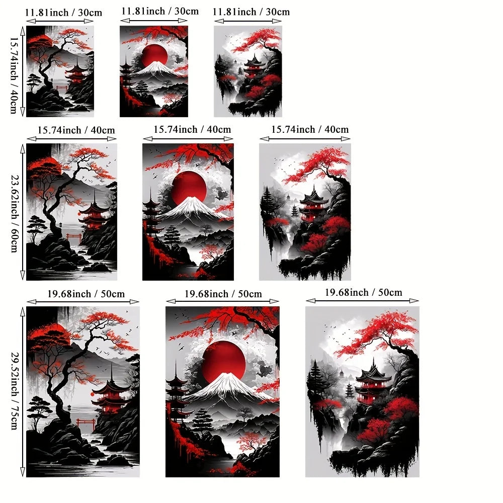 3pcs Frameless Japanese Natural Landscape Canvas Painting Black And Red Posters Vintage Ink Art Wall Prints For Living Room Home.