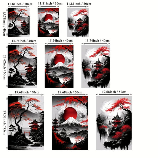 3pcs Frameless Japanese Natural Landscape Canvas Painting Black And Red Posters Vintage Ink Art Wall Prints For Living Room Home.